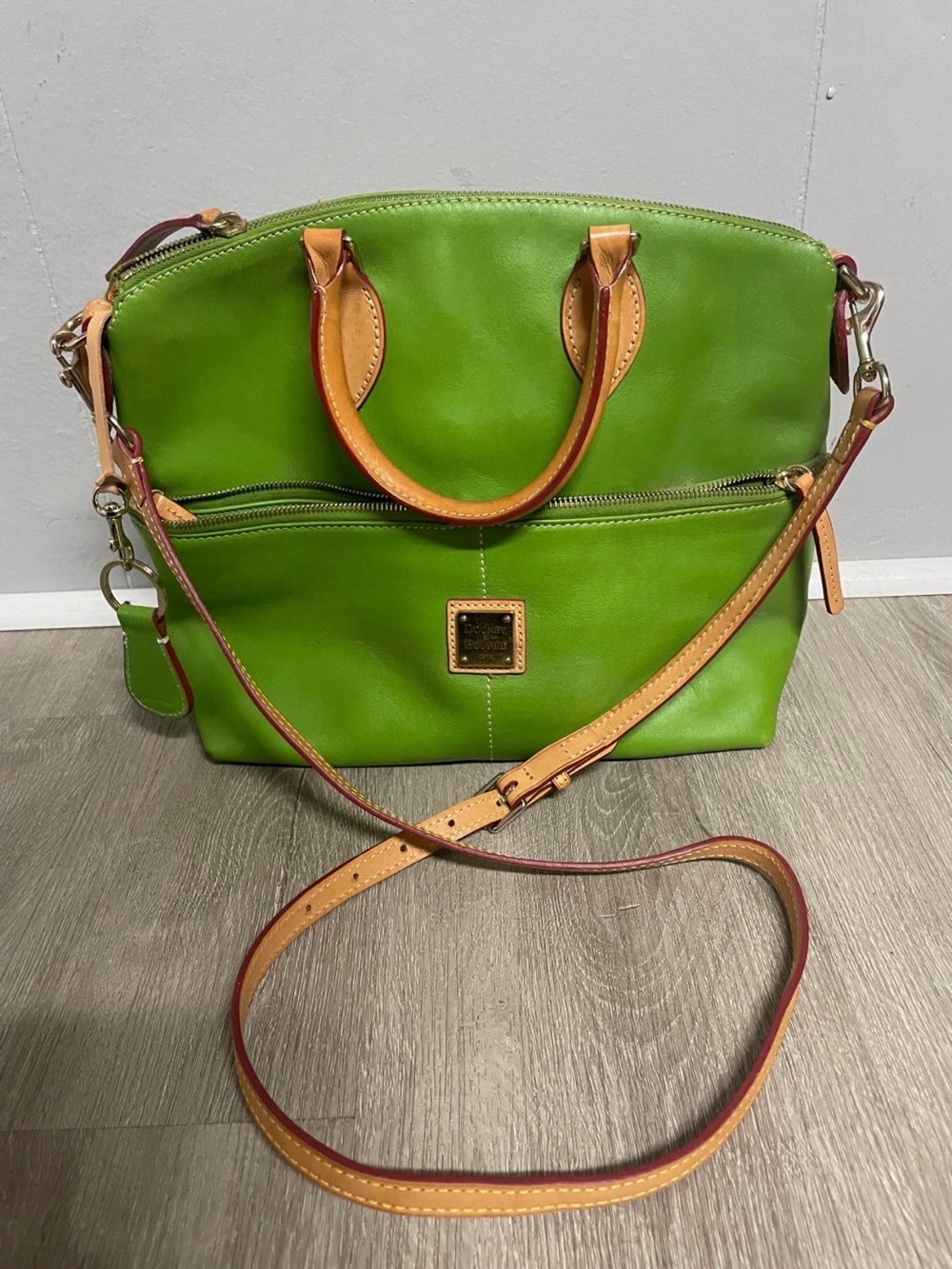 Dooney & Bourke Green Leather Satchel with Tan Trim